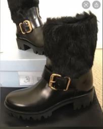 Prada fur ankle boots with gold buckle image 1
