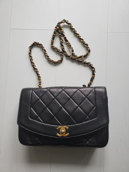 Chanel Diana bag and pearl earrings