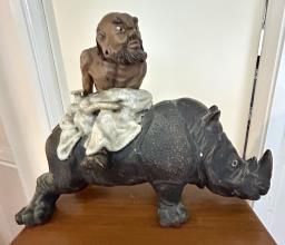 Antique Figurine Man On Rhinoceros image 2