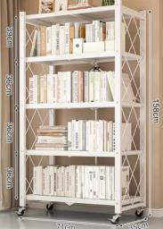 Foldable White Bookshelf with Wheels image 2