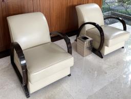 Pair Genuine leather wood armchairs image 3