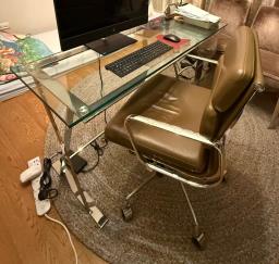 Indigo glass table and leather chair image 1