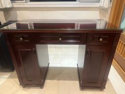 Wooden desk with drawers and cabinets image 1