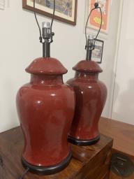 Two red Ceramic Pottery Barn lamp bases image 2