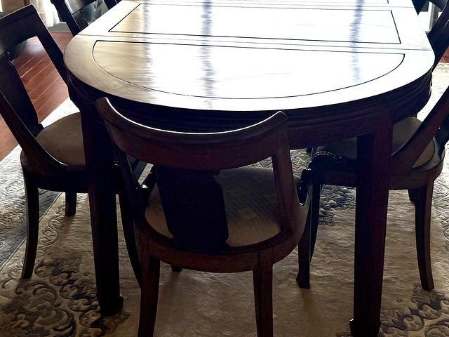 Vintage redwood dining table with chairs