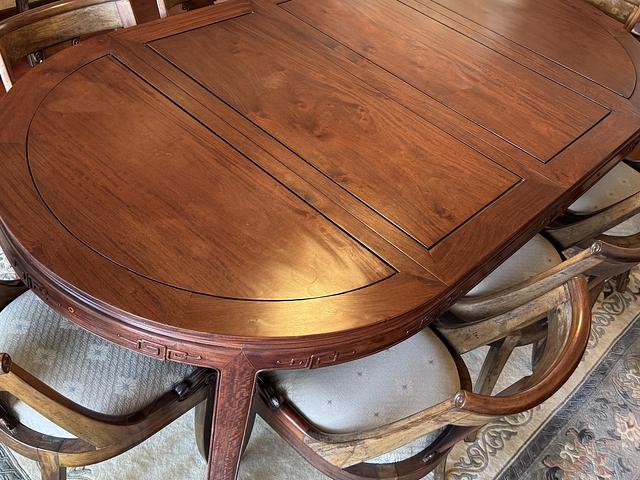 Vintage redwood dining table with chairs