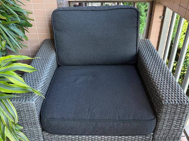 2 Outdoor Rattan Armchairs with Dark Grey Cushions
