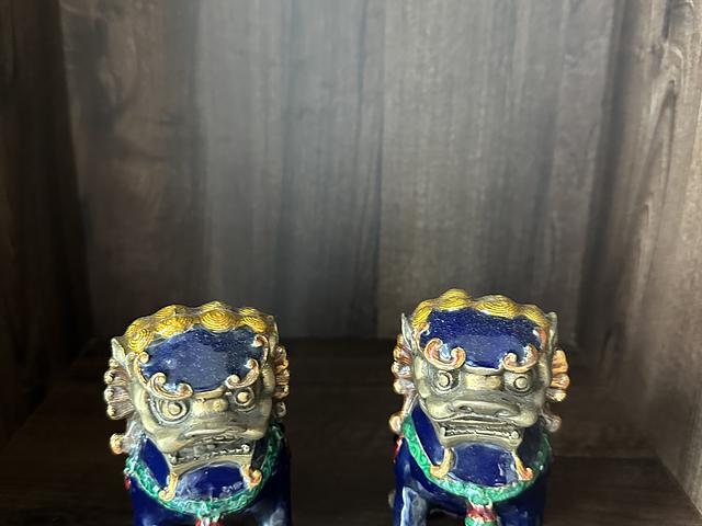 Pair of miniature bronze guardian lion statues