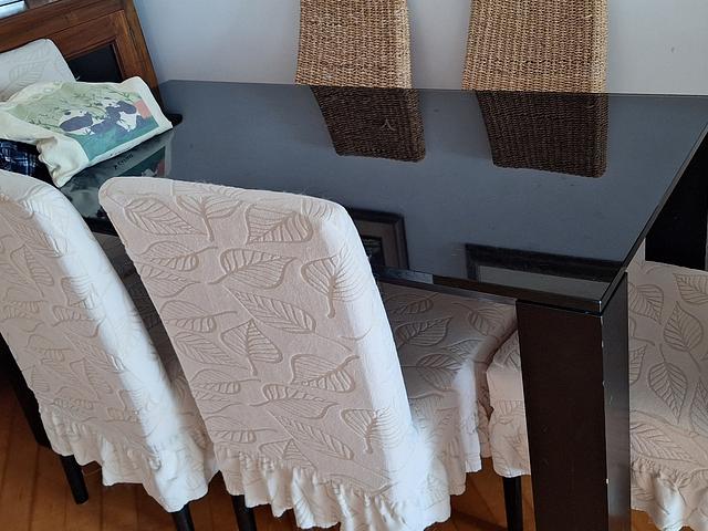 Dining room table with Chairs and White Storage