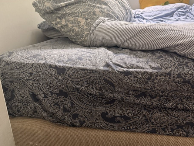 Queen sized cream grey bed frame and mattress Ikea