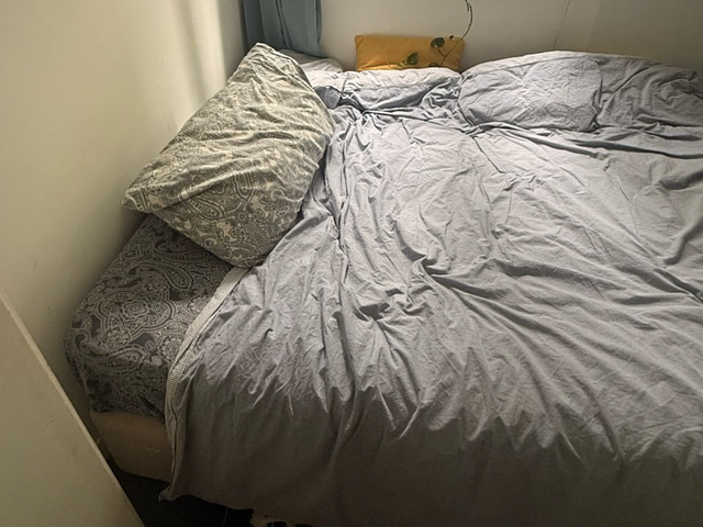 Queen sized cream grey bed frame and mattress Ikea