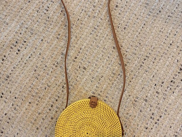 Yellow round rattan straw crossbody bag with leath
