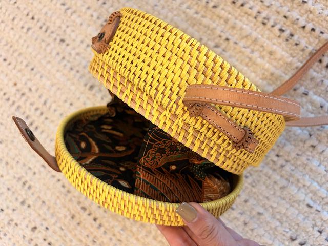 Yellow round rattan straw crossbody bag with leath