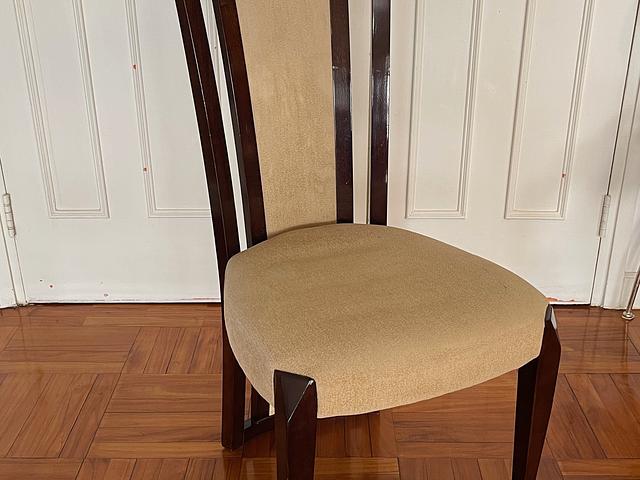 6 Wooden Dining Chairs with Beige Upholstery ($600