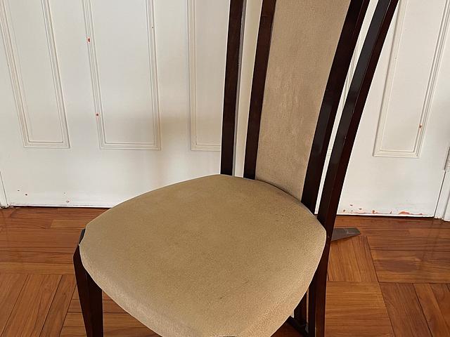 6 Wooden Dining Chairs with Beige Upholstery ($600